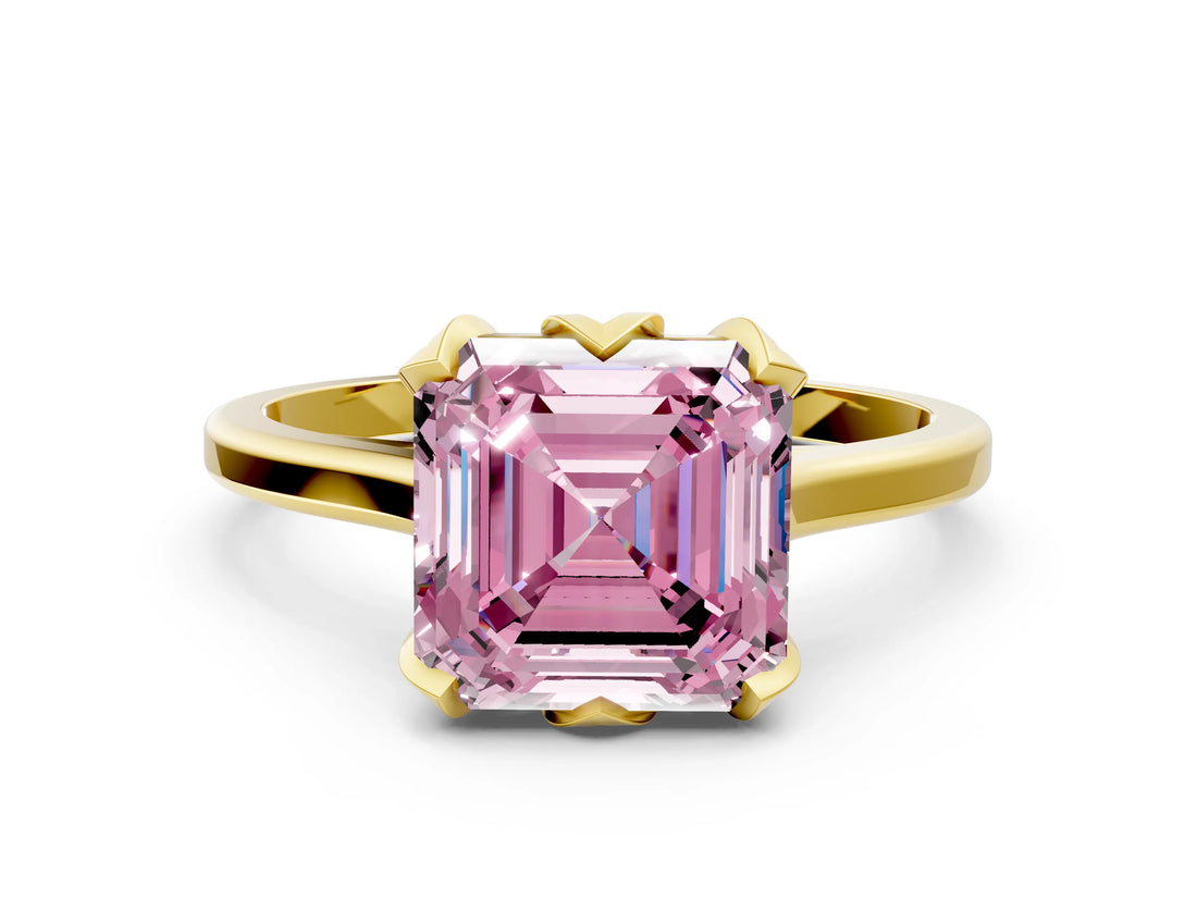 Yellow gold Fancy Pink Asscher Cut Diamond Solitaire Ring with Flower Prong Setting and Classic Band_38