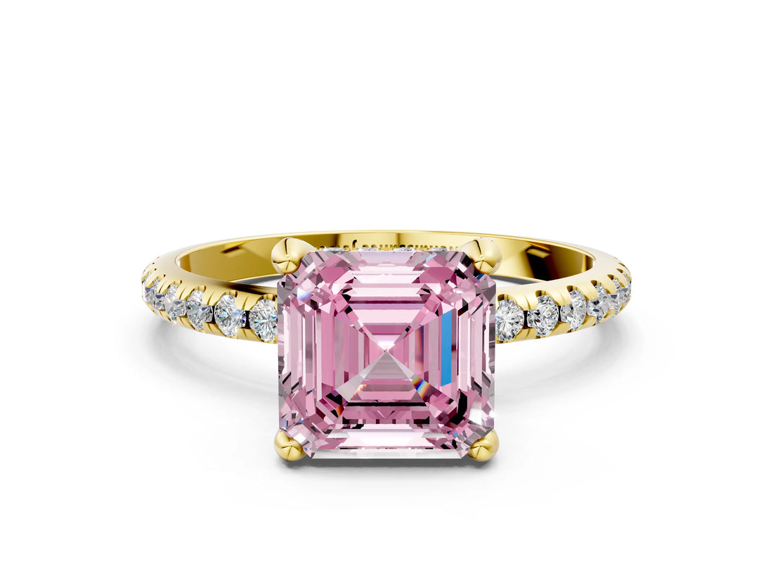 Yellow gold Fancy Pink Asscher Cut Diamond Solitaire Ring with Four-Prong Setting and Pavé Band_3