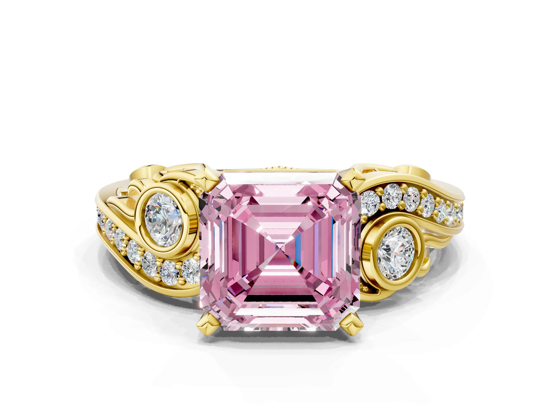 Yellow gold Fancy Pink Asscher Cut Diamond Solitaire Ring with Milgrain Pavé Band and Four-Prong Setting_22