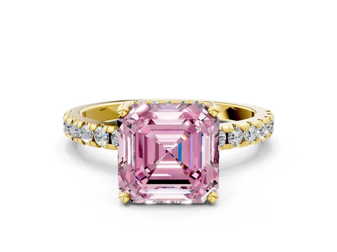 Yellow gold Fancy Pink Asscher Cut Diamond Solitaire Ring with Pavé Band and Four-Prong Setting_51