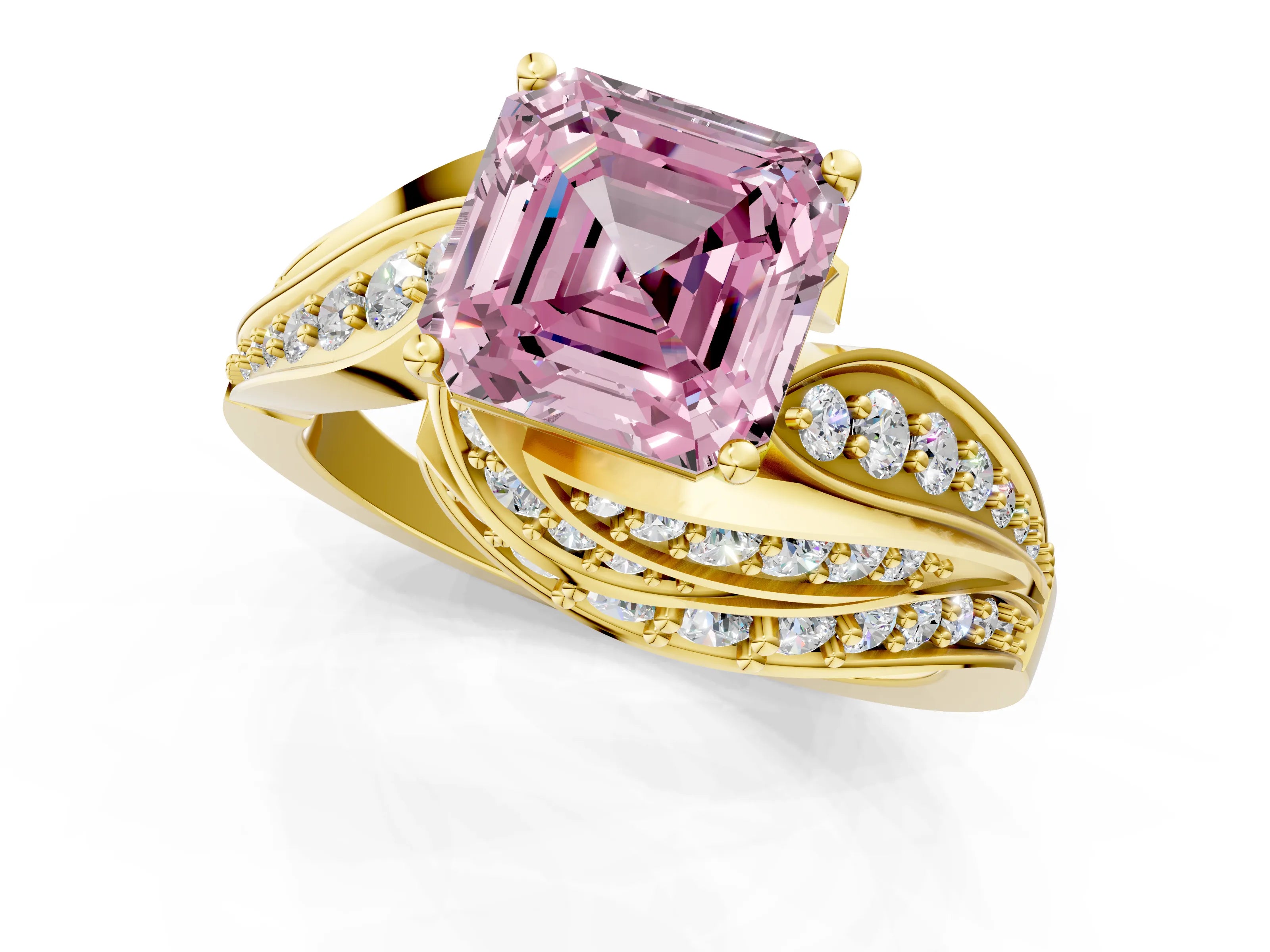 Yellow gold Fancy Pink Asscher Cut Diamond Solitaire Ring with Prong Setting and Twisted Pavé Band_1