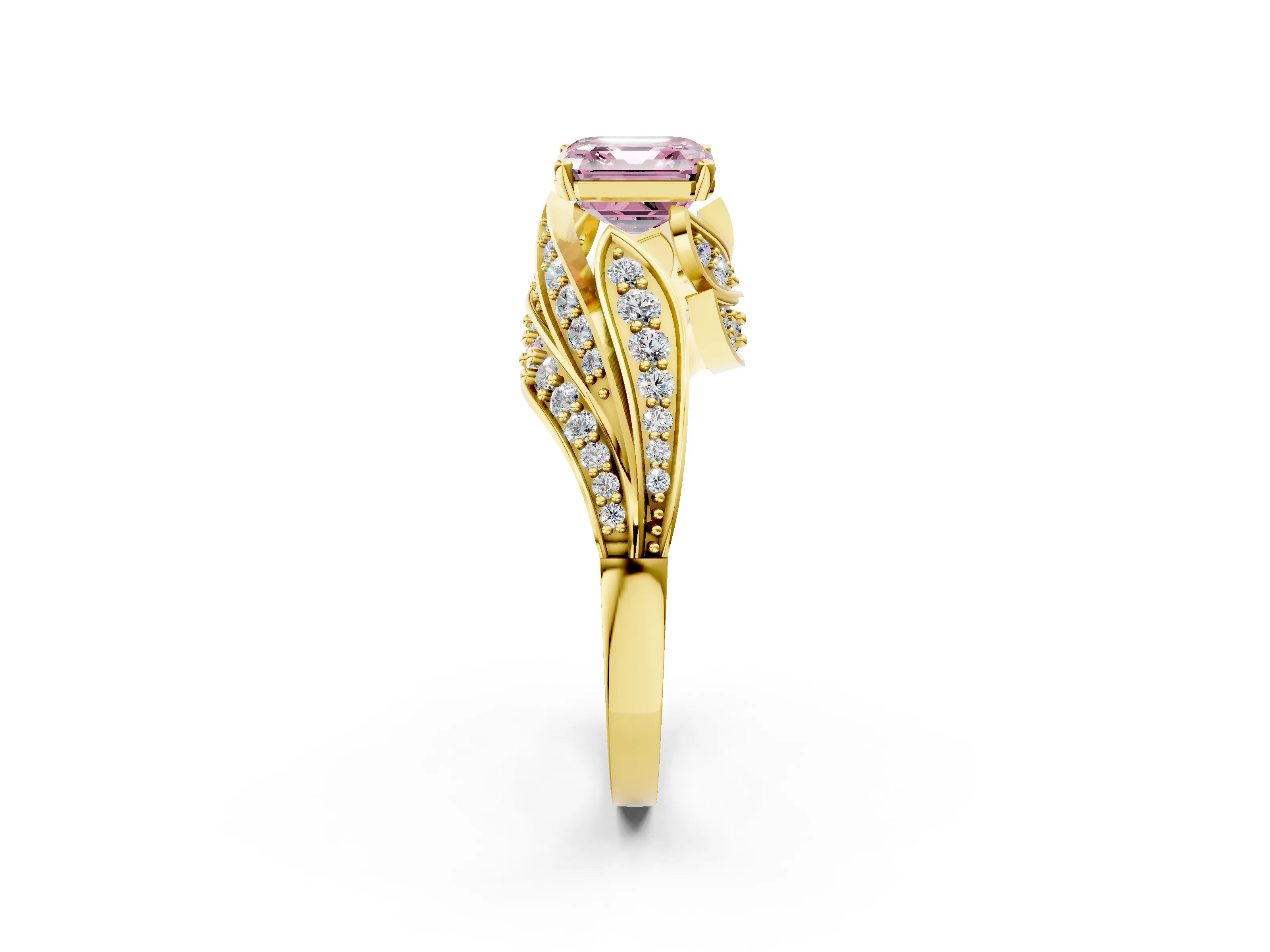 Yellow gold Fancy Pink Asscher Cut Diamond Solitaire Ring with Prong Setting and Twisted Pavé Band_2