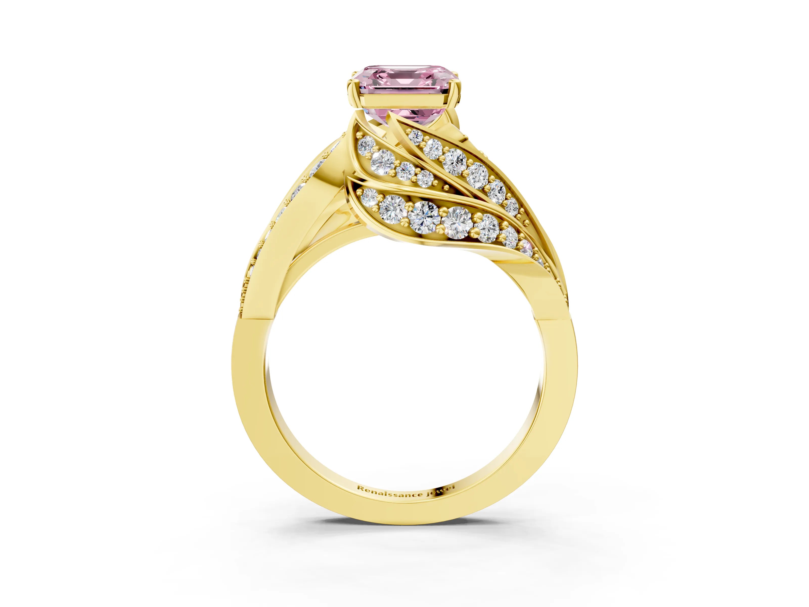 Yellow gold Fancy Pink Asscher Cut Diamond Solitaire Ring with Prong Setting and Twisted Pavé Band_3