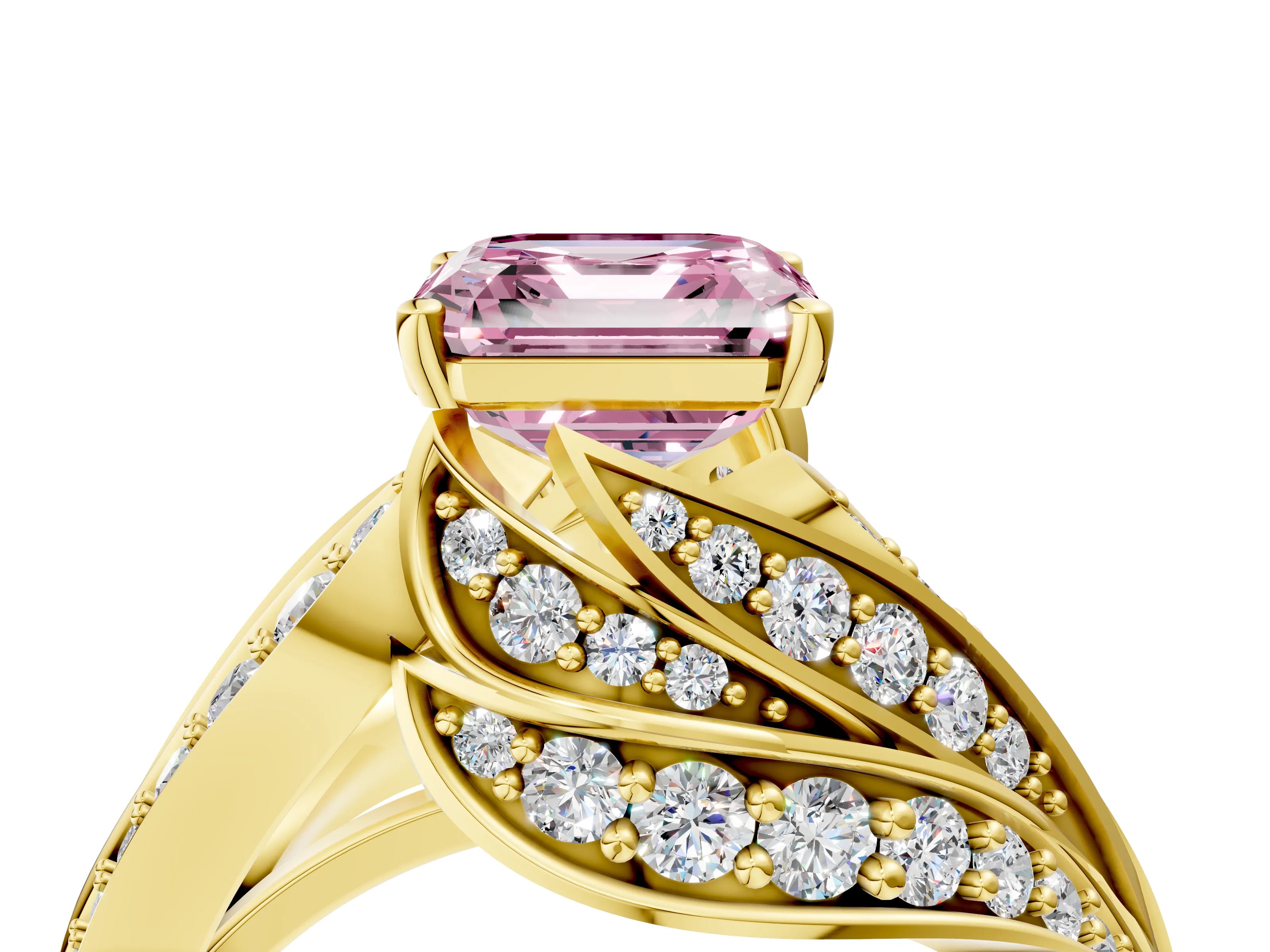 Yellow gold Fancy Pink Asscher Cut Diamond Solitaire Ring with Prong Setting and Twisted Pavé Band_4