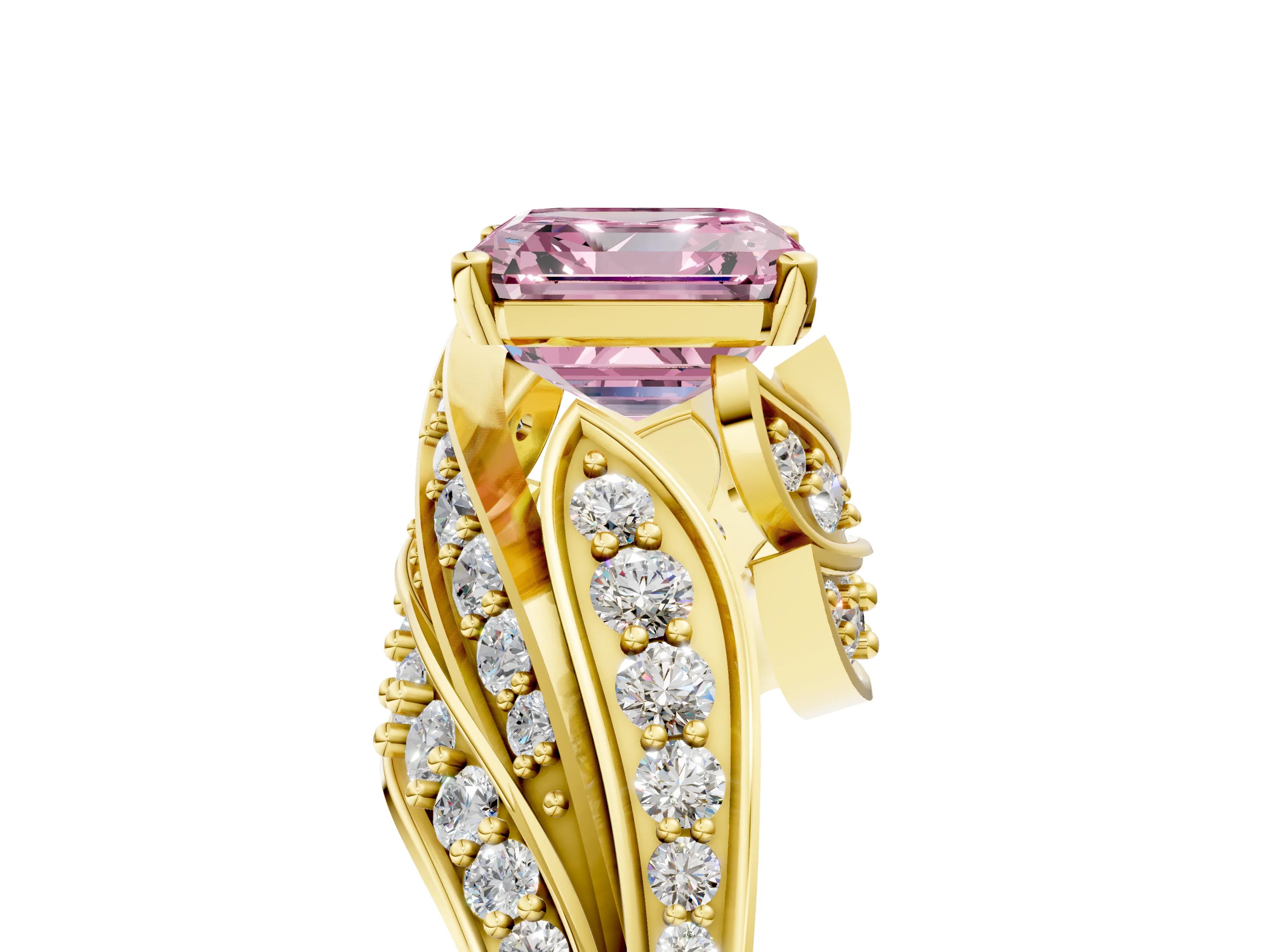 Yellow gold Fancy Pink Asscher Cut Diamond Solitaire Ring with Prong Setting and Twisted Pavé Band_5