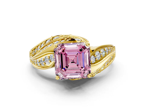Yellow gold Fancy Pink Asscher Cut Diamond Solitaire Ring with Prong Setting and Twisted Pavé Band