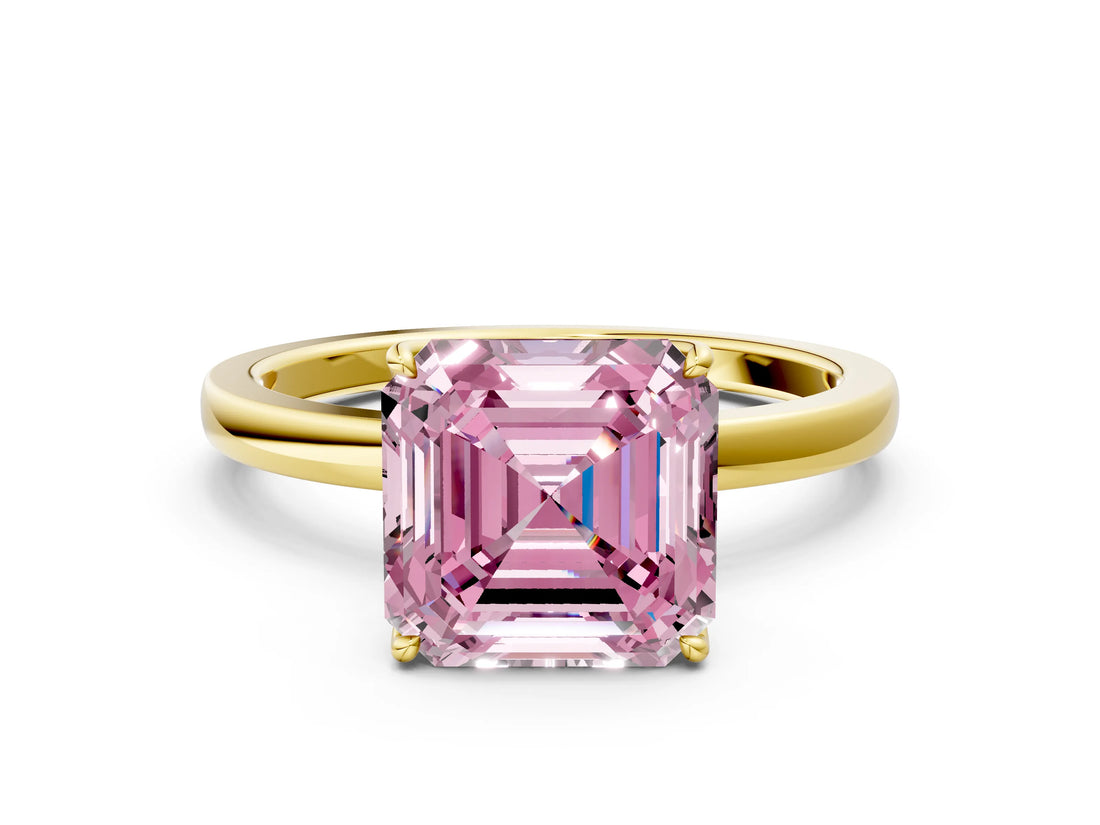 Yellow gold Fancy Pink Asscher Cut Diamond Solitaire Ring with Thin Band and Prong Setting_12