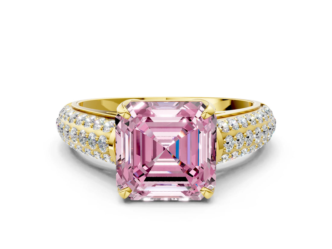 Yellow gold Fancy Pink Asscher Cut Diamond Solitaire Ring with Three-Row Pavé Band and Four-Prong Setting_17