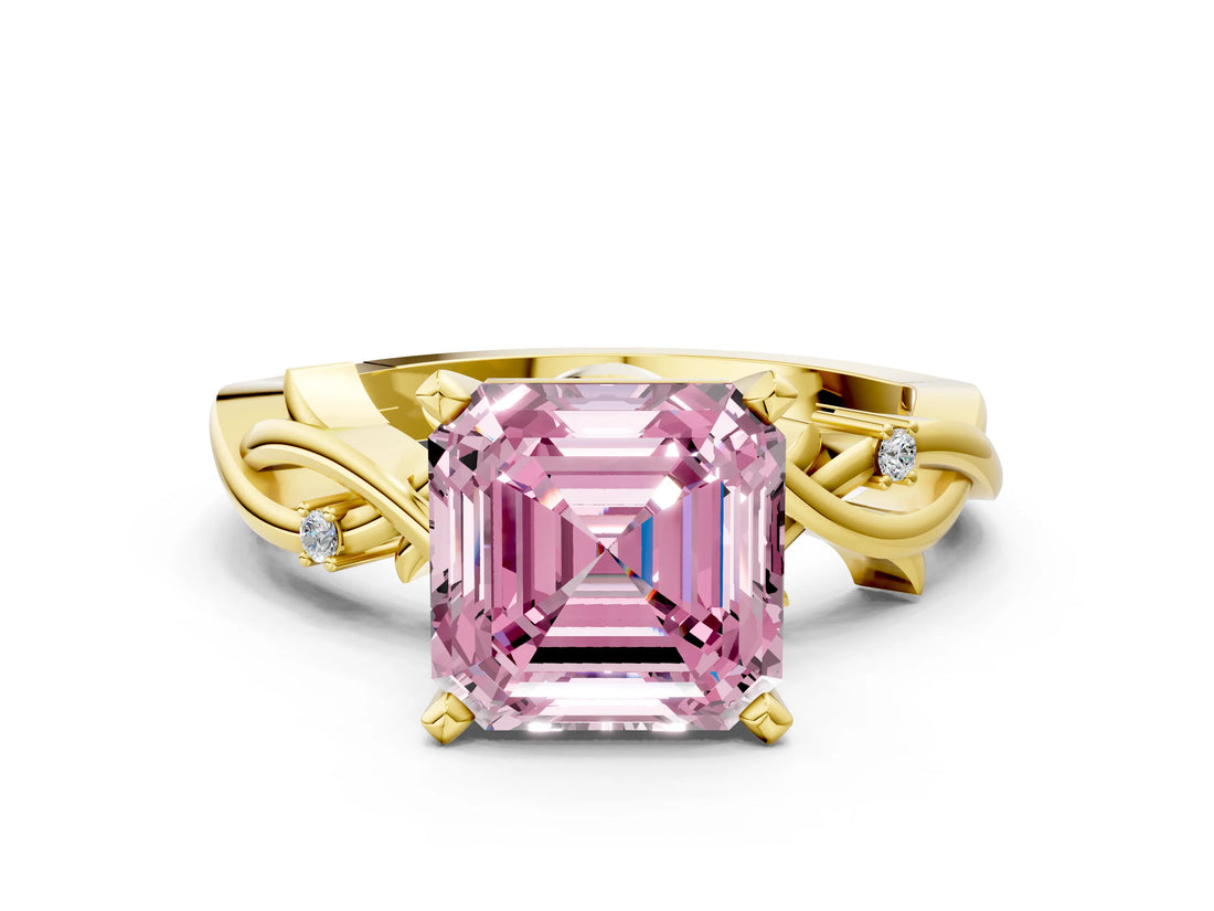 Yellow gold Fancy Pink Asscher Cut Diamond Solitaire Ring with Twisted Band and Prong Setting_22