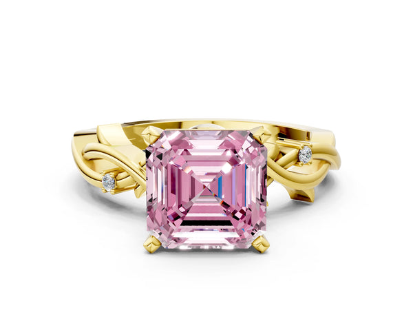 Yellow Gold Asscher Cut Solitaire Engagement Ring Setting for Fancy Pink Center with Vine Twist Band