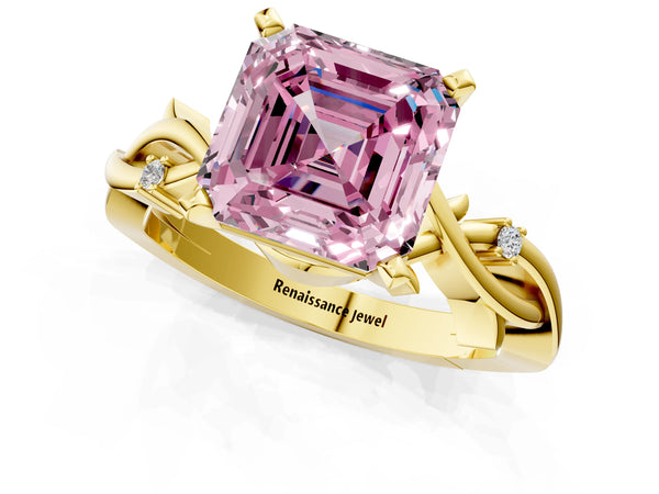 Yellow Gold Asscher Cut Solitaire Engagement Ring Setting for Fancy Pink Center with Vine Twist Band