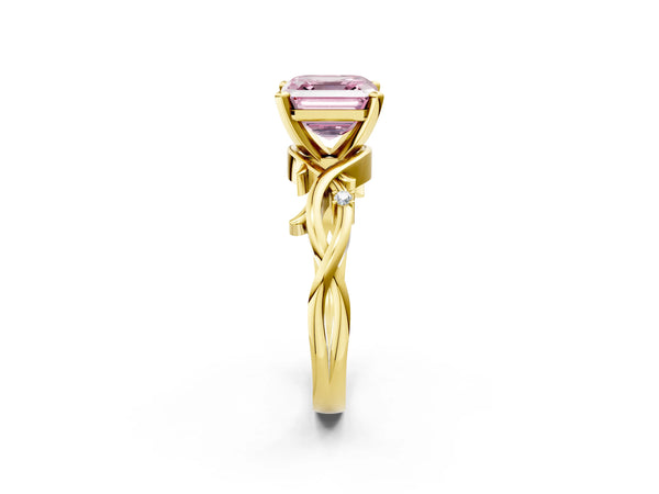 Yellow Gold Asscher Cut Solitaire Engagement Ring Setting for Fancy Pink Center with Vine Twist Band