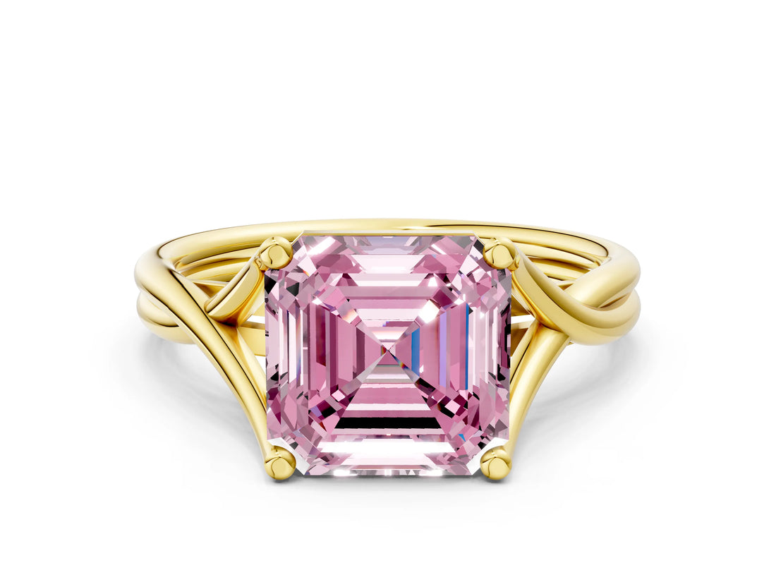 Yellow gold Fancy Pink Asscher Cut Diamond Solitaire Twist Band Prong Setting Ring_41