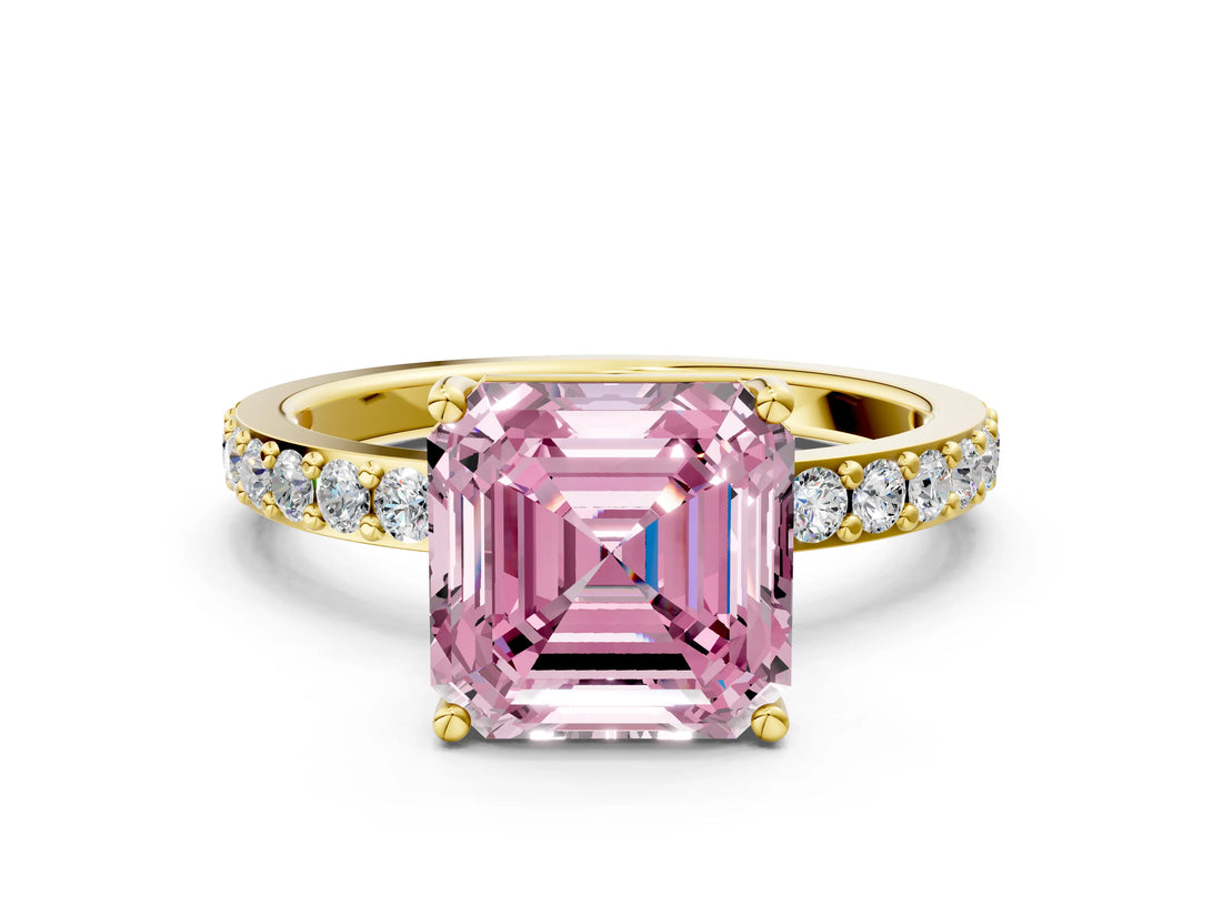 Yellow gold Fancy Pink Asscher  Cut Diamond Solitaire with Pave Band and Four-Prong Setting 1