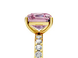 Yellow gold Fancy Pink Asscher  Cut Diamond Solitaire with Pave Band and Four-Prong Setting