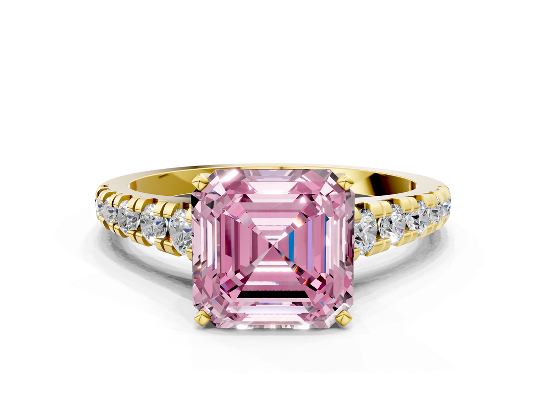 Yellow gold Fancy Pink Asscher  Cut Diamond Solitaire with Pave Band and Four-Prong Setting_34