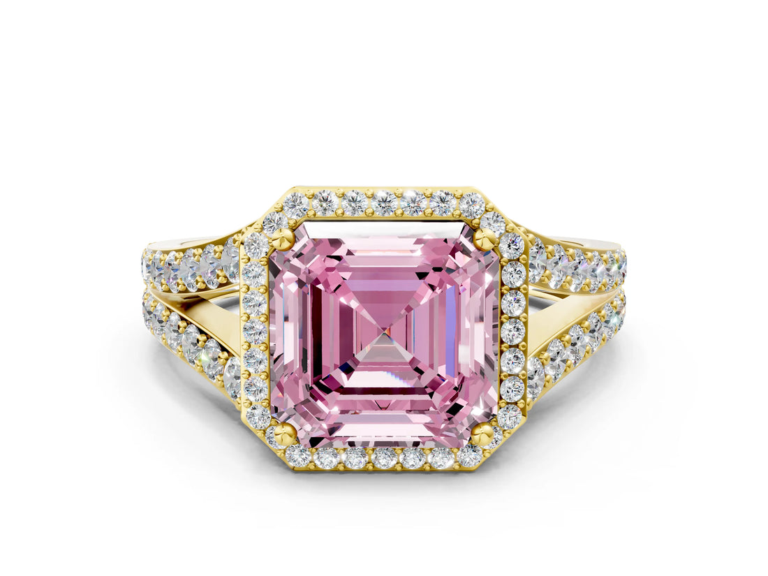 Yellow gold Fancy Pink Asscher Cut Diamond Split Shank Halo Ring with Four-Prong Setting_35