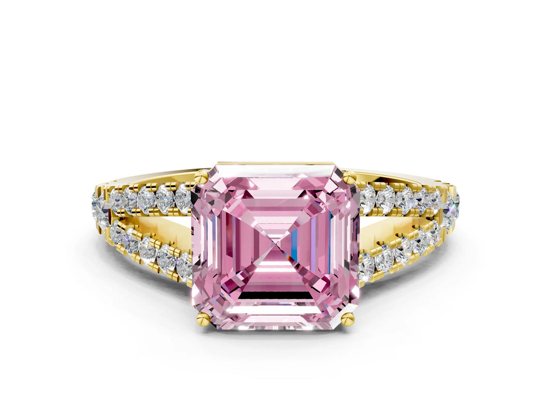 Yellow gold Fancy Pink Asscher Cut Diamond Split Shank Pavé Engagement Ring with Four-Prong Setting_17