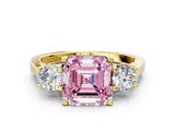 Yellow gold Fancy Pink Asscher Cut Diamond Three-Stone Engagement Ring with Prong Setting and Pavé Band