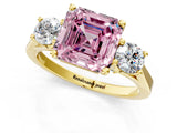 Yellow gold Fancy Pink Asscher Cut Diamond Three-Stone Engagement Ring with Prong Setting and Pavé Band_1