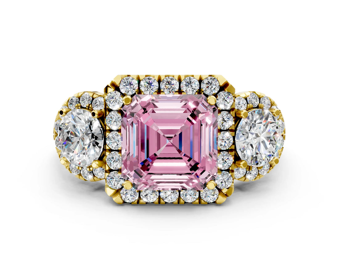 Yellow gold Fancy Pink Asscher Cut Diamond Three-Stone Halo Ring with Prong Setting and Pavé Accents
