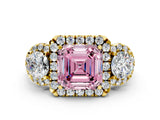 Yellow gold Fancy Pink Asscher Cut Diamond Three-Stone Halo Ring with Prong Setting and Pavé Accents