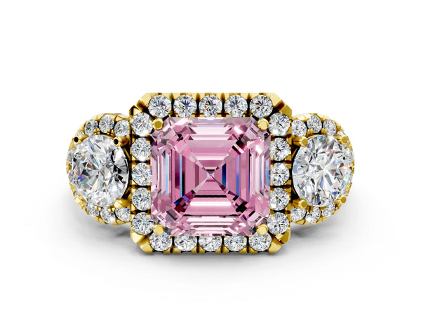 Yellow Gold Asscher Cut Three Stone Halo Engagement Ring Setting for Fancy Pink Center