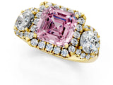 Yellow gold Fancy Pink Asscher Cut Diamond Three-Stone Halo Ring with Prong Setting and Pavé Accents_1
