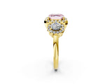 Yellow gold Fancy Pink Asscher Cut Diamond Three-Stone Halo Ring with Prong Setting and Pavé Accents_2