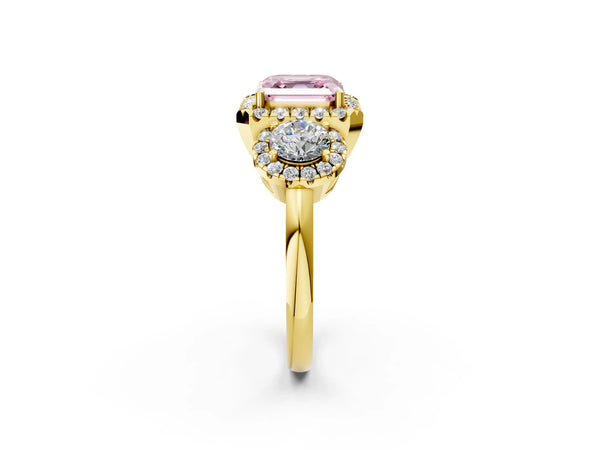 Yellow Gold Asscher Cut Three Stone Halo Engagement Ring Setting for Fancy Pink Center