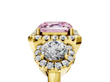 Yellow gold Fancy Pink Asscher Cut Diamond Three-Stone Halo Ring with Prong Setting and Pavé Accents_5