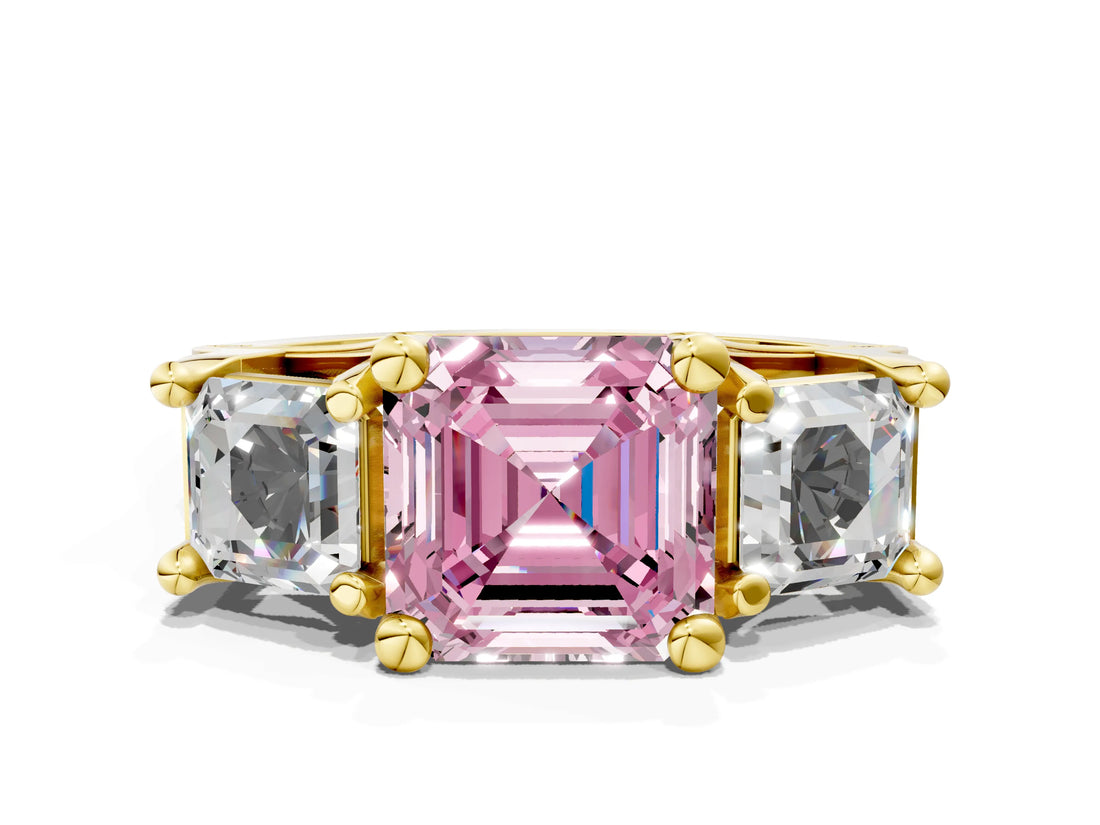 Yellow gold Fancy Pink Asscher Cut Diamond Three-Stone Ring with Channel Set Band and Four-Prong Setting_75