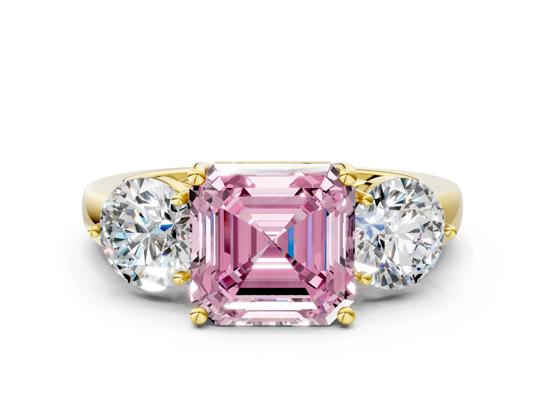 Yellow gold Fancy Pink Asscher Cut Diamond Three-Stone Ring with Prong Setting and Classic Band_55