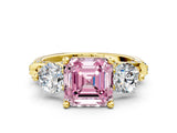 Yellow gold Fancy Pink Asscher Cut Diamond Three-Stone Ring with Prong Setting and Pavé Band