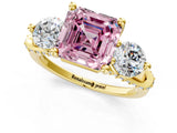 Yellow gold Fancy Pink Asscher Cut Diamond Three-Stone Ring with Prong Setting and Pavé Band_1