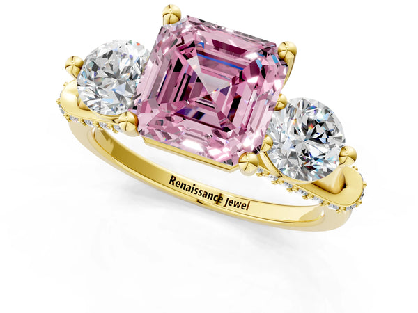 Yellow Gold Asscher Cut Curved Pave Three Stone Engagement Ring Setting for Fancy Pink Center