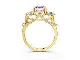 Yellow gold Fancy Pink Asscher Cut Diamond Three-Stone Ring with Prong Setting and Pavé Band_3
