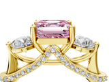 Yellow gold Fancy Pink Asscher Cut Diamond Three-Stone Ring with Prong Setting and Pavé Band_4