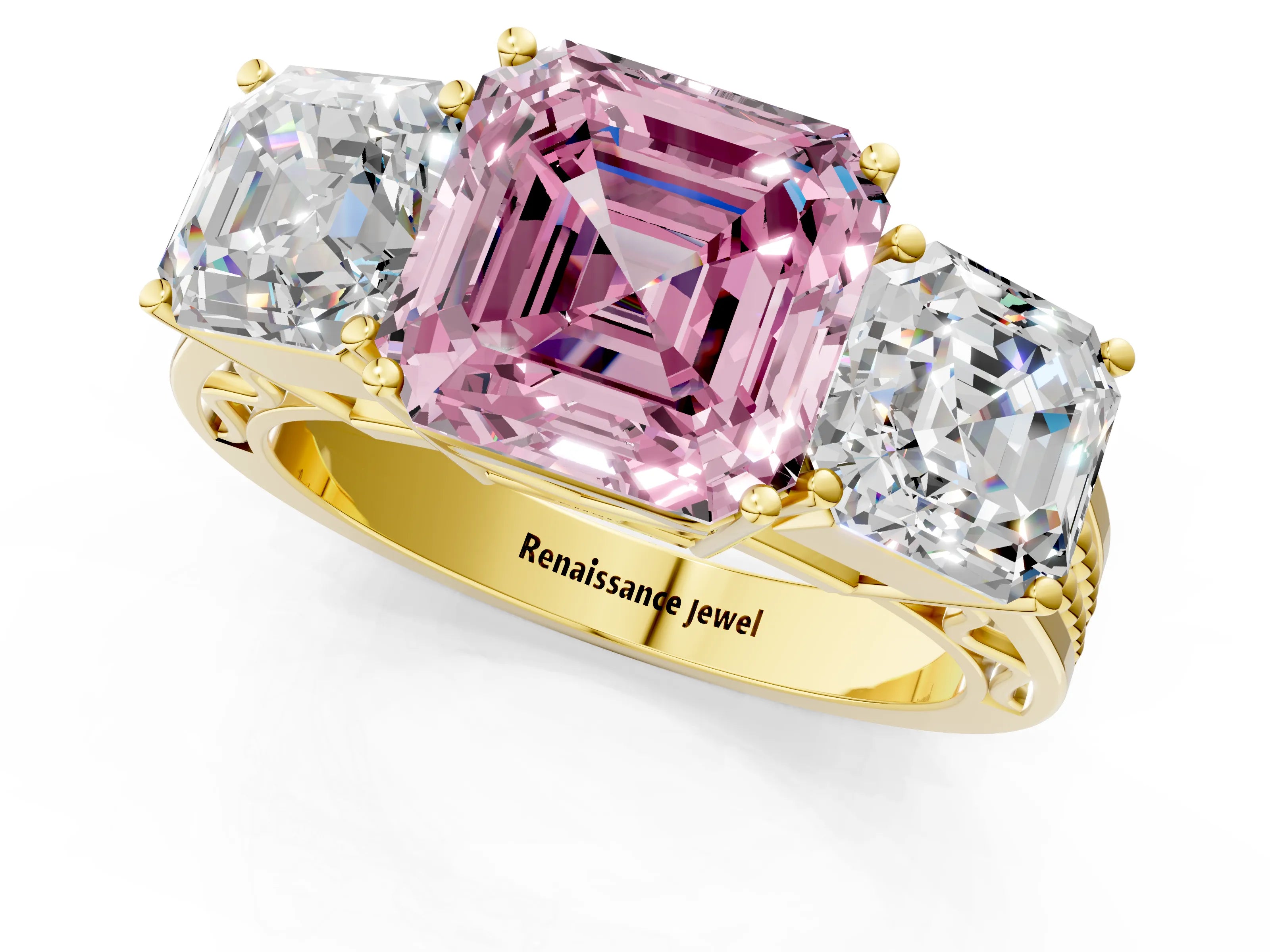 Yellow gold Fancy Pink Asscher Cut Diamond Three-Stone Ring with Prong Setting and Textured Band_1