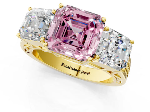 Yellow gold Fancy Pink Asscher Cut Diamond Three-Stone Ring with Prong Setting and Textured Band_1