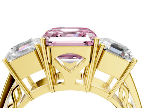 Yellow gold Fancy Pink Asscher Cut Diamond Three-Stone Ring with Prong Setting and Textured Band_4