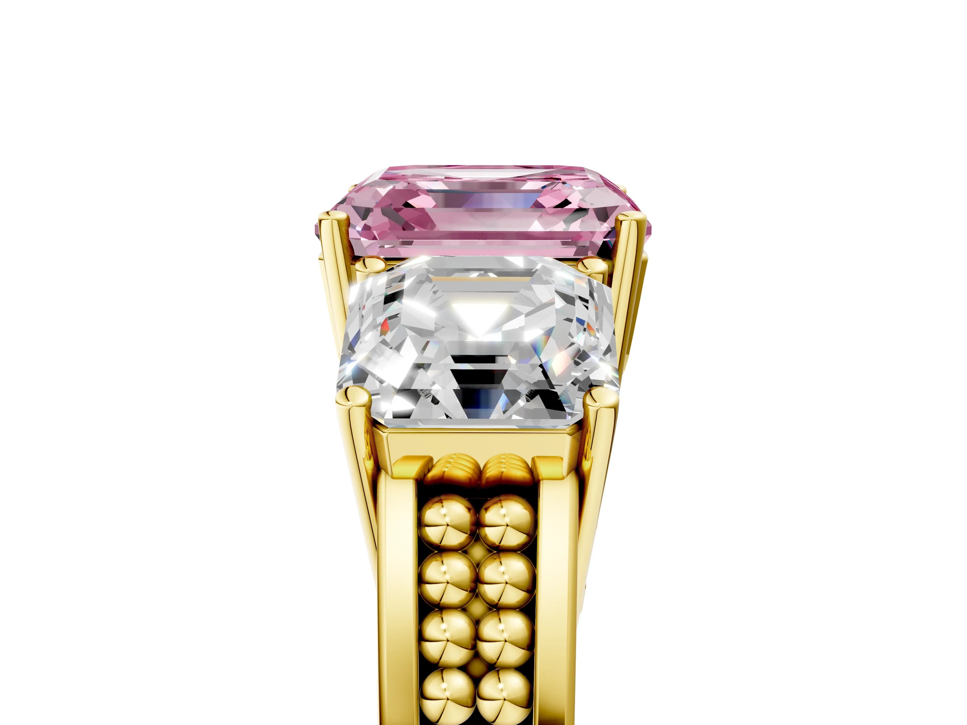 Yellow gold Fancy Pink Asscher Cut Diamond Three-Stone Ring with Prong Setting and Textured Band_5
