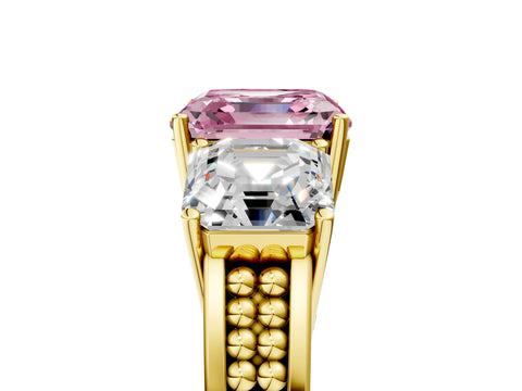 Yellow gold Fancy Pink Asscher Cut Diamond Three-Stone Ring with Prong Setting and Textured Band_5