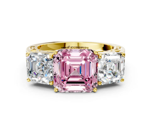 Yellow gold Fancy Pink Asscher Cut Diamond Three-Stone Ring with Prong Setting and Textured Band