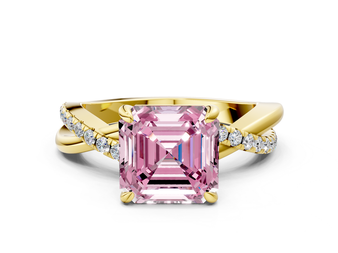 Yellow gold Fancy Pink Asscher  Cut Diamond Twist Band Solitaire with Prong Setting_17