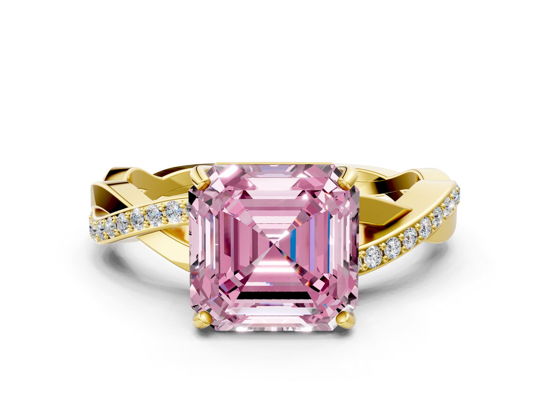 Yellow gold Fancy Pink Asscher  Cut Diamond Twisted Band Engagement Ring with Prong Setting_3