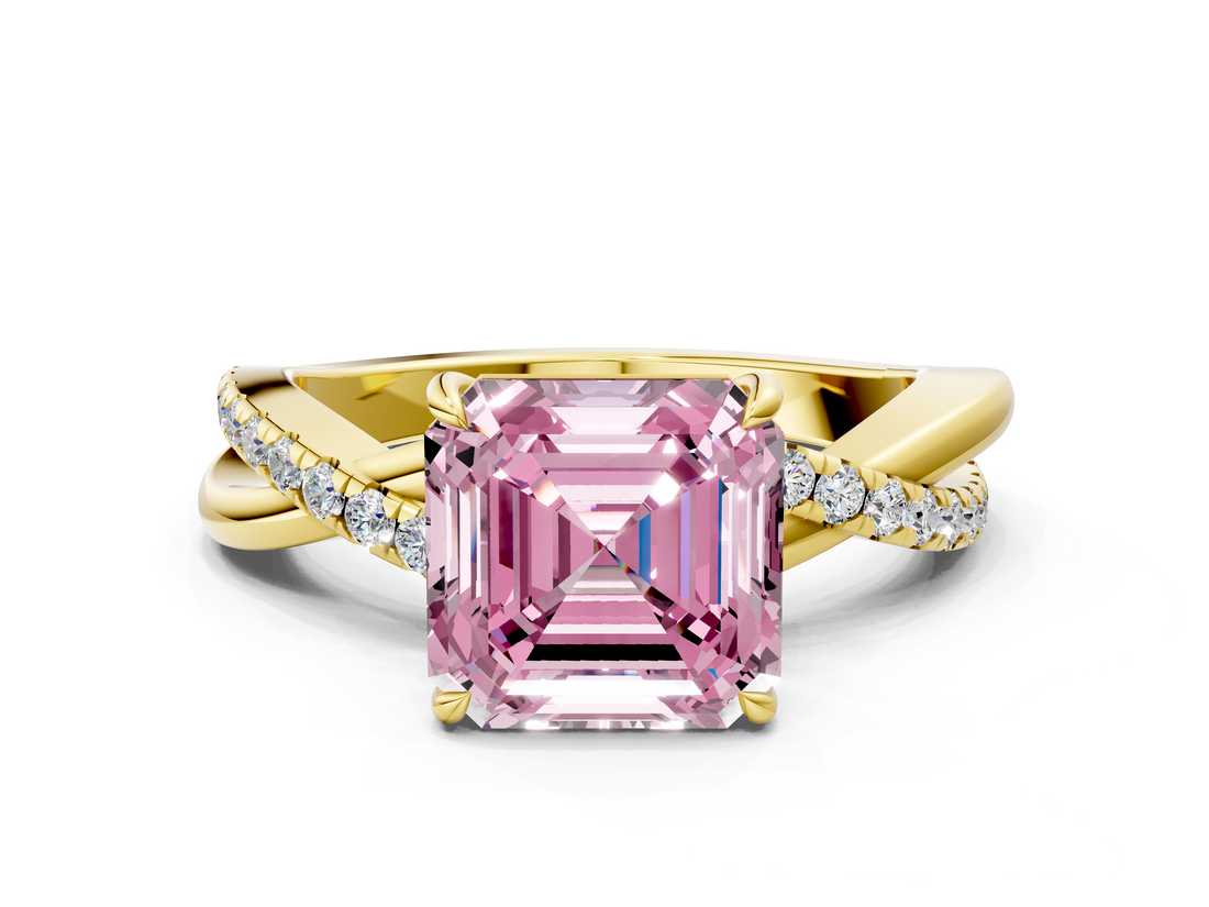 Yellow gold Fancy Pink Asscher  Cut Diamond Twisted Band with Pavé Setting and Four-Prong Setting_22