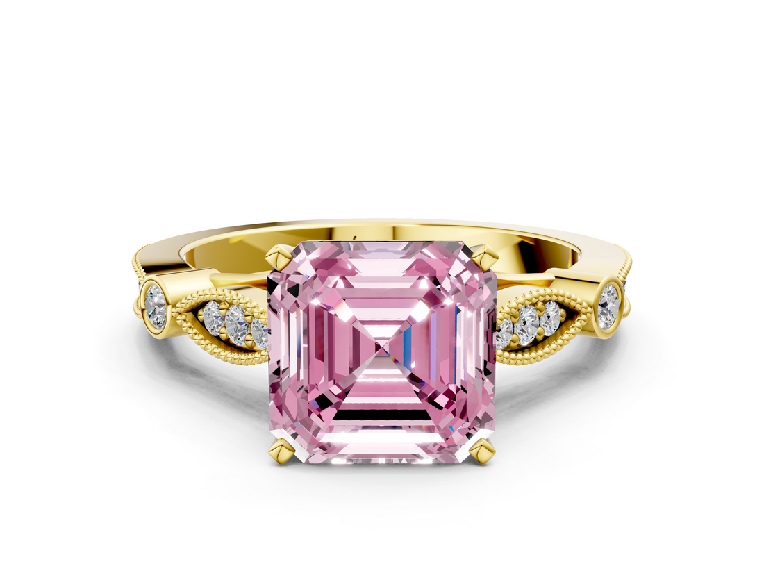 Yellow gold Fancy Pink Asscher  Cut Diamond with Milgrain Marquise and Bezel Accents on a Solitaire Band with Prong Setting_17