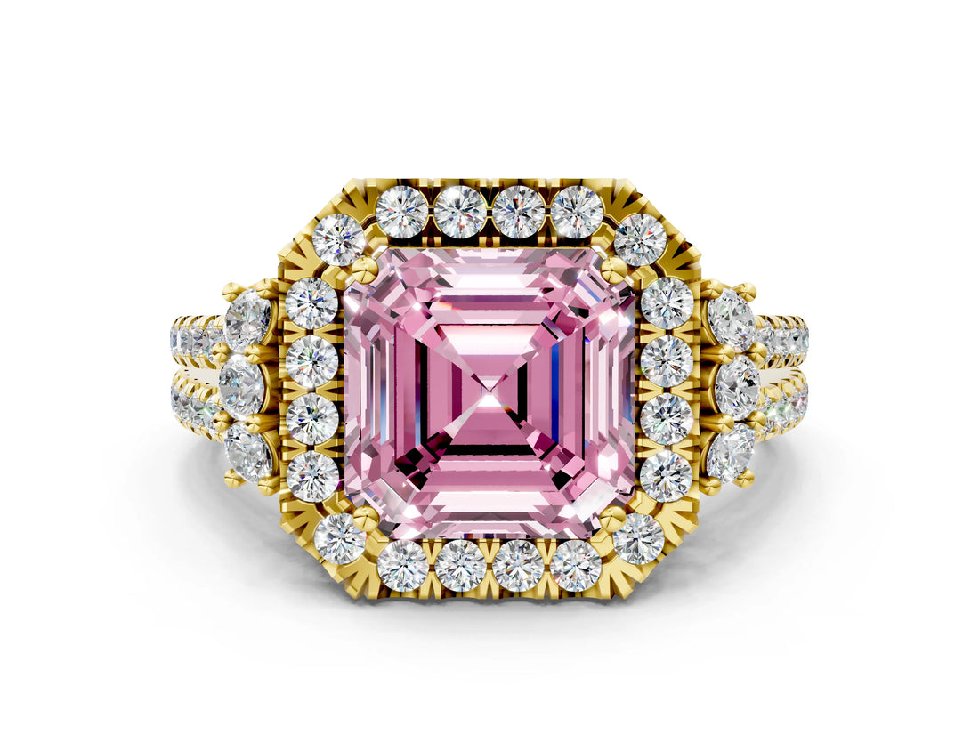 Yellow gold Fancy Pink Asscher  Cut Double Halo Diamond Engagement Ring with Pave Band and Four-Prong Setting_25