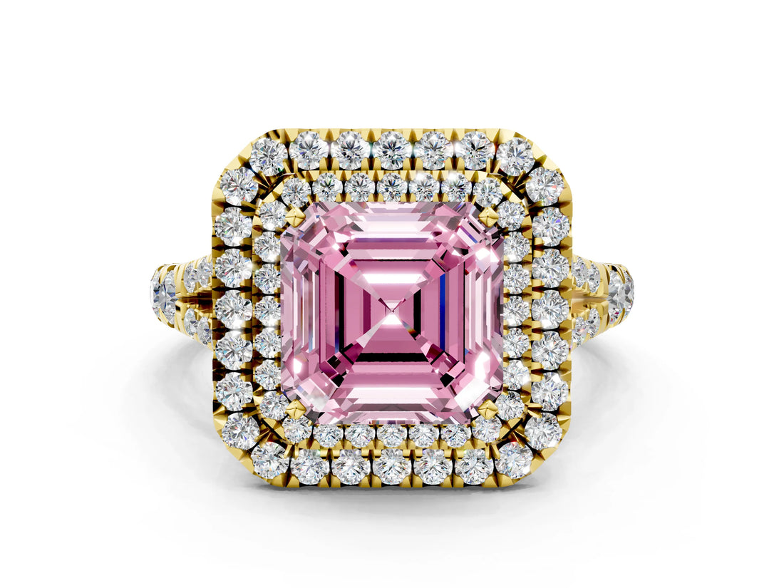 Yellow gold Fancy Pink Asscher  Cut Double Halo Split Shank Diamond Ring with Prong Setting_46